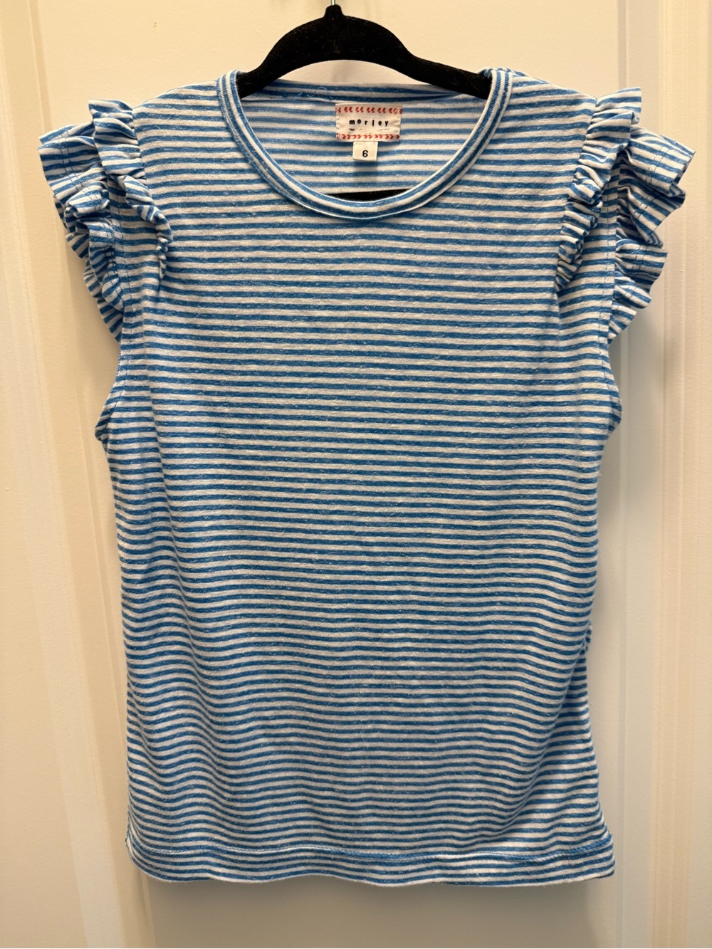 Morley Blue and White Striped Tee with Ruffle Sleeve Detail